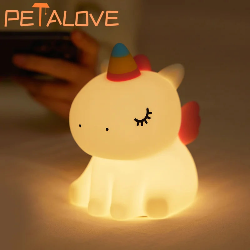 Rechargeable Silicone Patting Lamp Unicorn LED Night Lamp Dimmable Cartoon Animal Bedside Bedroom Mood Light Creative Gift
